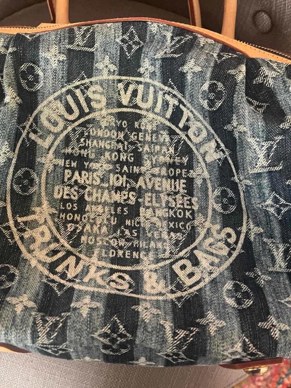 LV Denim Cloth weekender bag with leather trim and shoulder strap